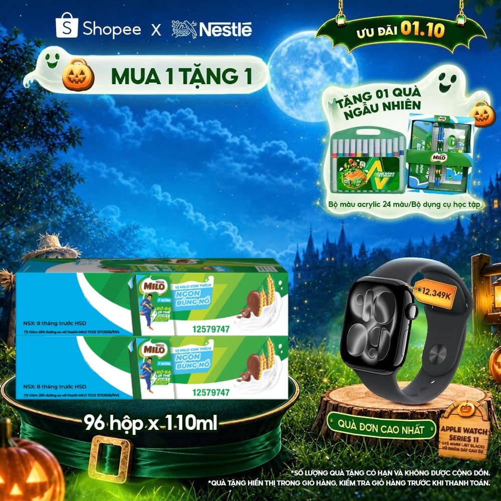 Combo 2 Thùng Sữa lúa mạch Nestle MILO ít đường (48 Hộp x 110ml)