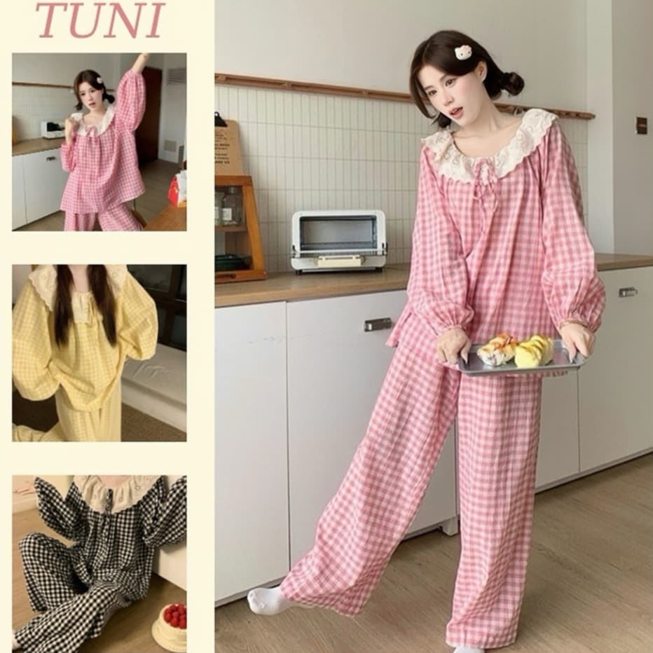 Bộ Đồ Ngủ Kẻ Caro Thắt Nơ Xinh Xắn Áo Dài Tay Dài Quần Dài Nữ Tuni.studio T04dd