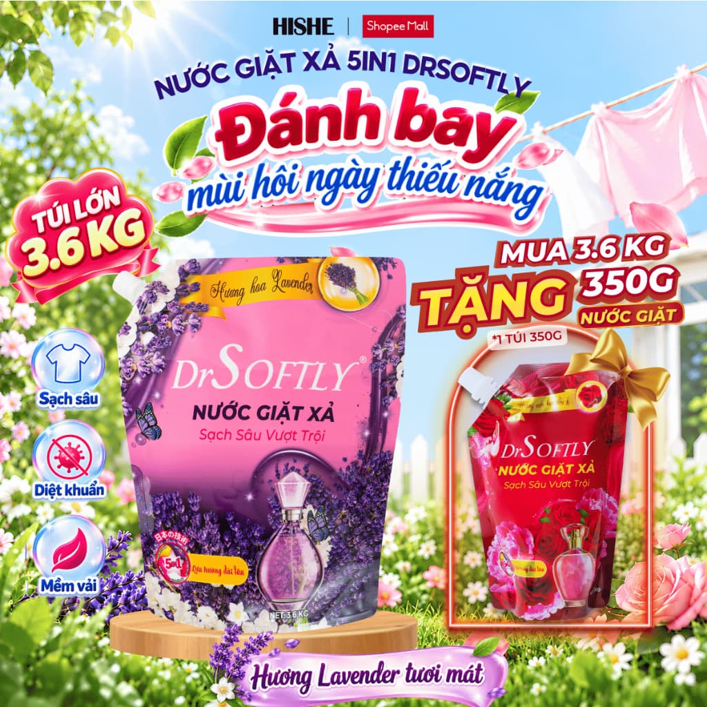 [ Tặng thêm 350G ] Nước giặt xả 3,6KG DrSoftly 5in1 Siêu Đậm Đặc, Lưu hương đến 72h, An toàn cho cả gia đình