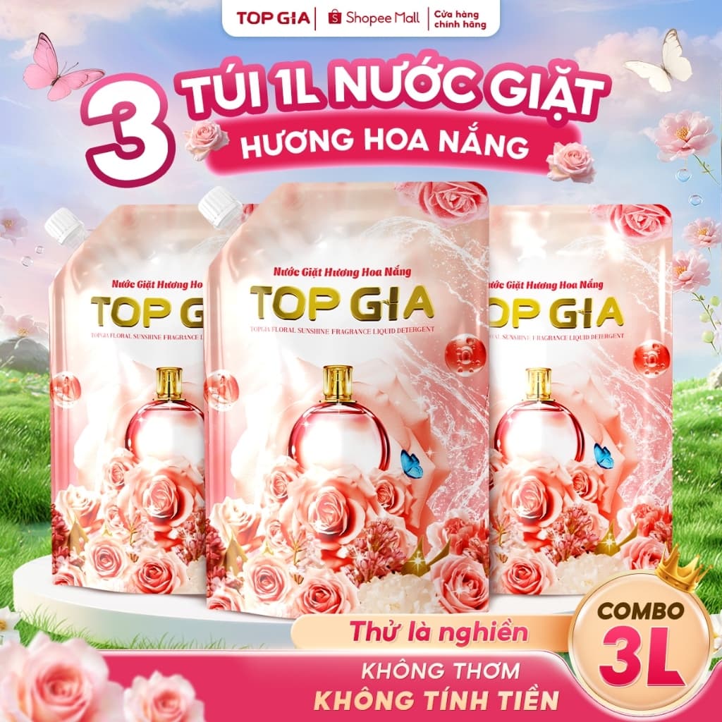 Combo 3 Túi 1L Nước Giặt Xả TOPGIA Hương Hoa Nắng Làm Mềm Vải, Lưu Hương Bền Lâu, Tiết Kiệm 0PT