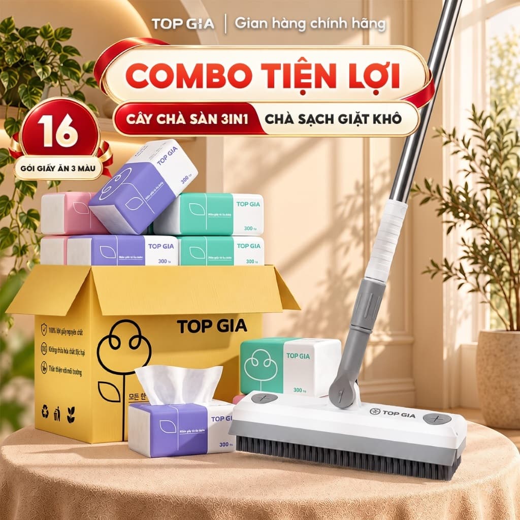 (COMBO TIỆN LỢI) Cây chà sàn 3in1 TopGia xoay 180 độ + Thùng 16 gói giây ăn 3 màu mềm mịn, cao cấp cho mọi nhà
