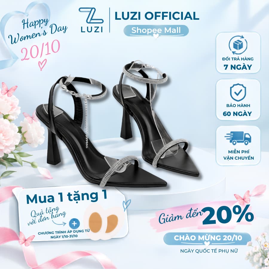 Giày cao gót LUZI mũi nhọn quai ngang đính đá ép nhiệt, Sandal nữ quai đá xích gót nhọn cao 9cm M165