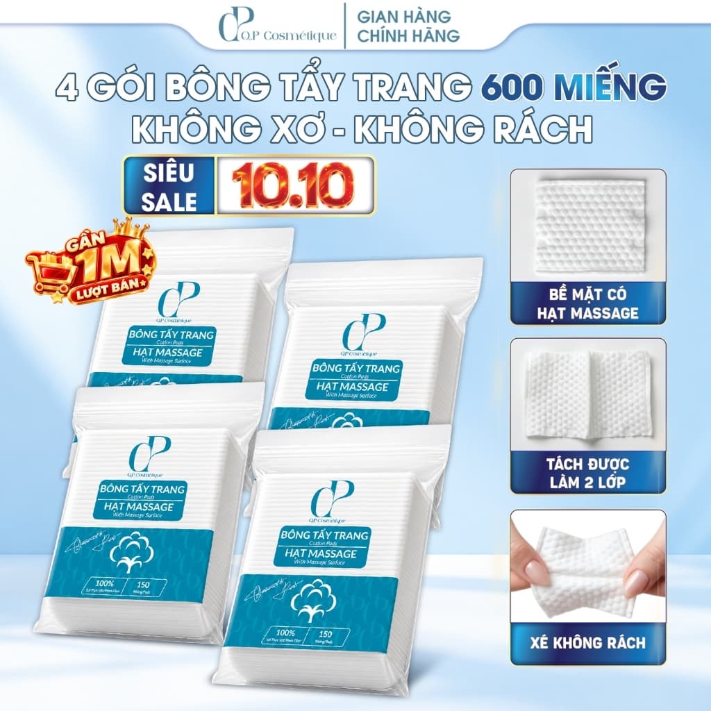 Combo 4 Gói | 600 Miếng Bông Tẩy Trang Q.P Cosmétique Không Xơ Không Rách, Hạt Massage Sạch Sâu