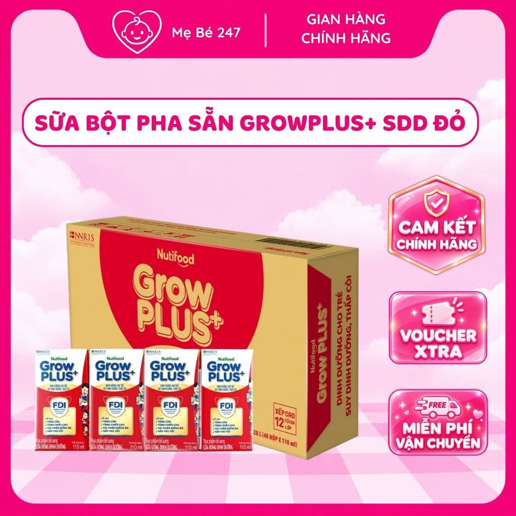 (Thùng 48 Hộp) Sữa Bột Pha Sẵn Nutifood GrowPLUS+ Suy Dinh Dưỡng Đỏ 110ml/180ml Hỗ Trợ Tăng Cân, Chiều Cao Cho Bé