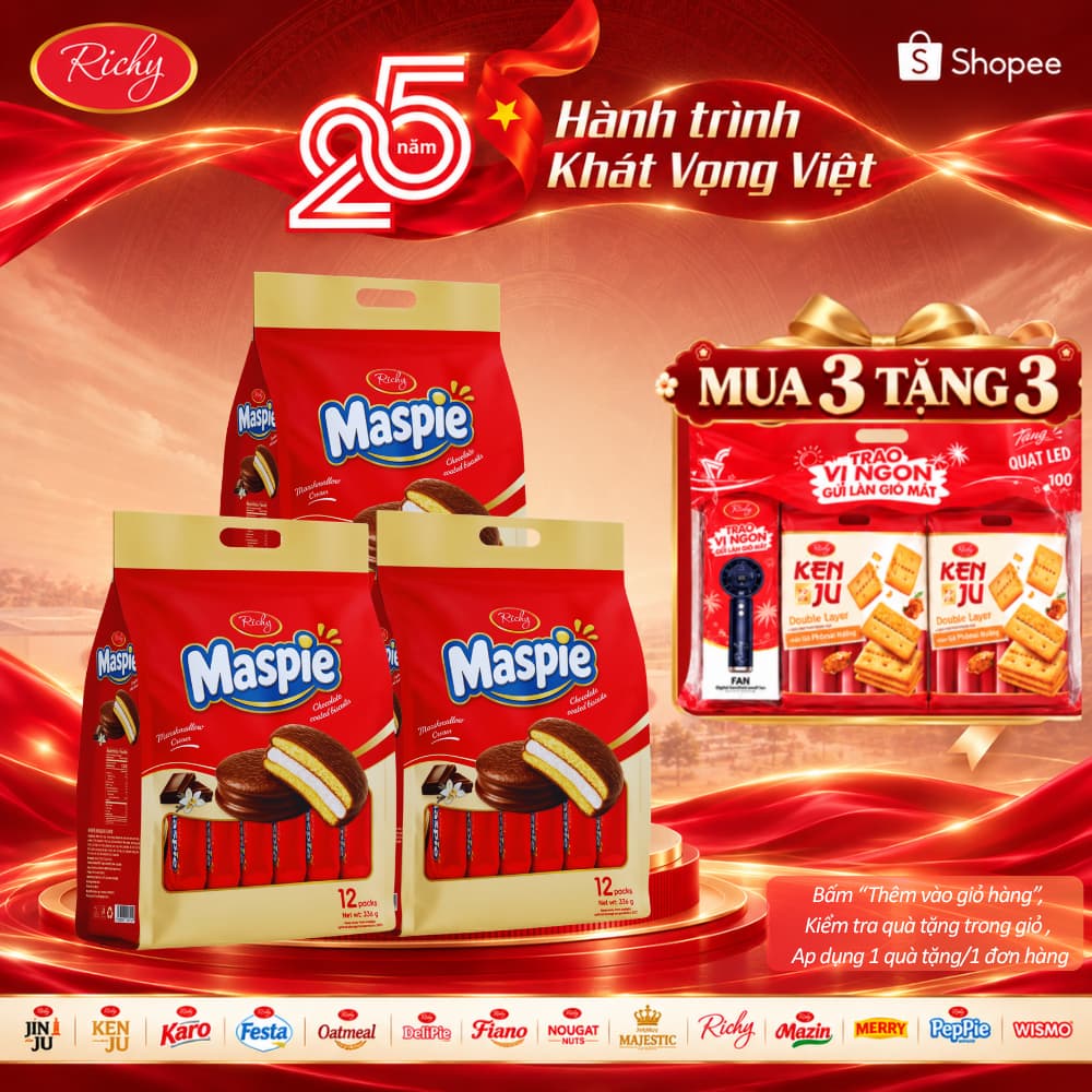 [MỚI RA MẮT][MUA 3 TẶNG 3] COMBO 3 Túi Bánh Pie Giòn Maspie Richy Nhân Marshmallow Phủ Chocolate 336g – 12 Bánh/Túi