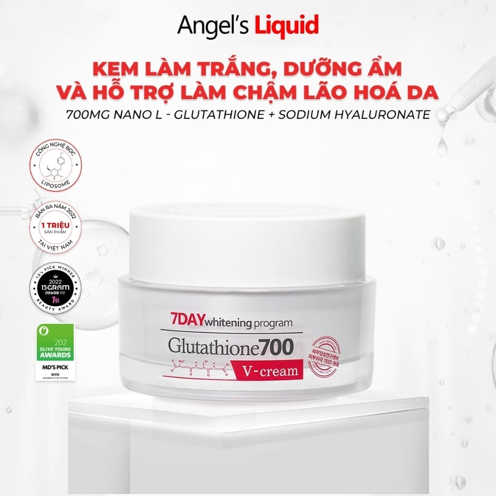 Kem Dưỡng Trắng Da Angel's Liquid 7 Day Whitening Program Glutathione 700 V-Cream 50ml - Hàng Mới, Móp/Dơ Box Giấy