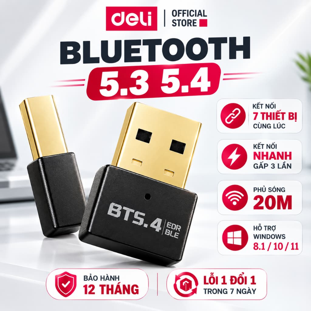 USB Bluetooth 5.3/5.4 DELI Cho Máy Tính PC Laptop, Adapter Bluetooth Kết Nối Tai Nghe Loa Chuột Không Dây