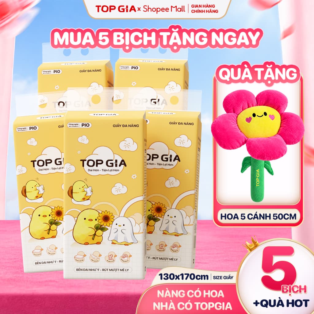 [TẶNG GẤU BÔNG HOA 50CM] Thùng 5 Bịch Khăn Giấy Pio TopGia 200 Lần Rút Siêu Dai Mềm Mịn