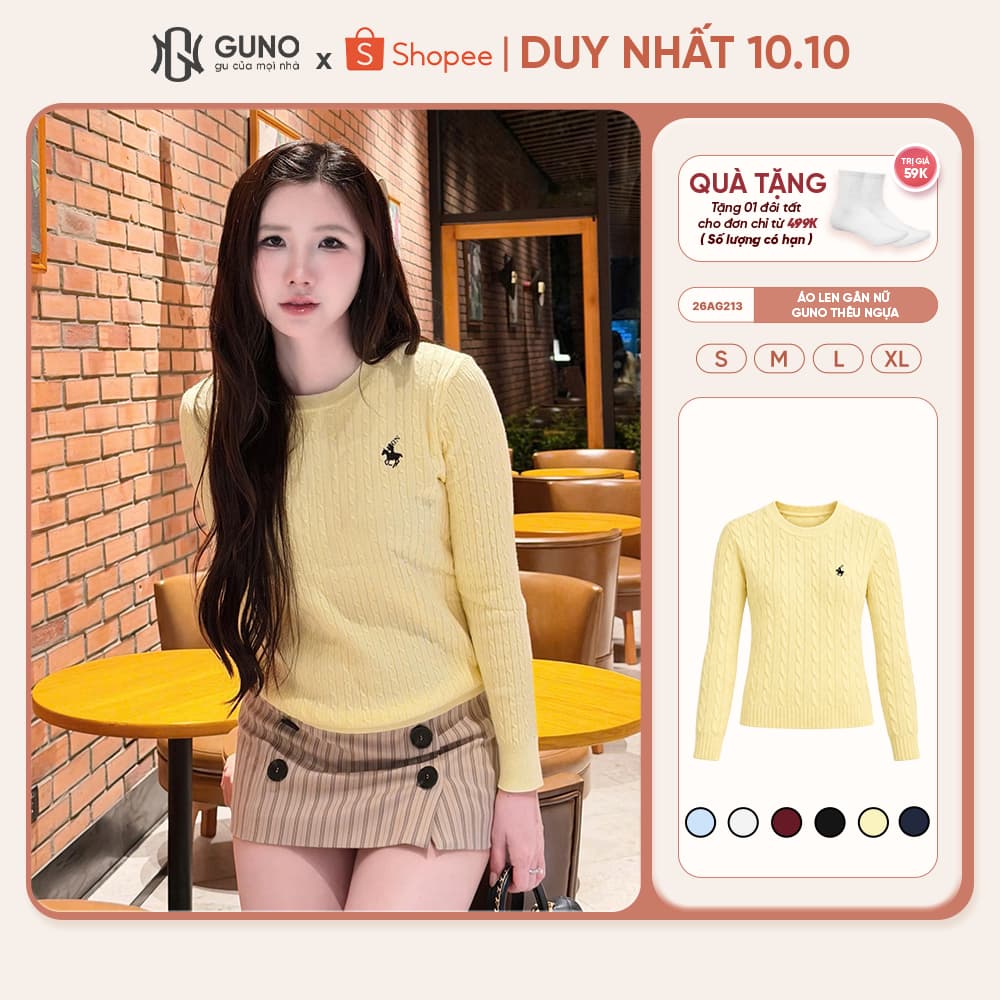 Áo Len Gân Nữ GUNO Cổ Tròn Dệt Vặn Thừng Dày Dặn Giữ Ấm Thêu Logo Ngựa Basic Thời Trang 26AG213