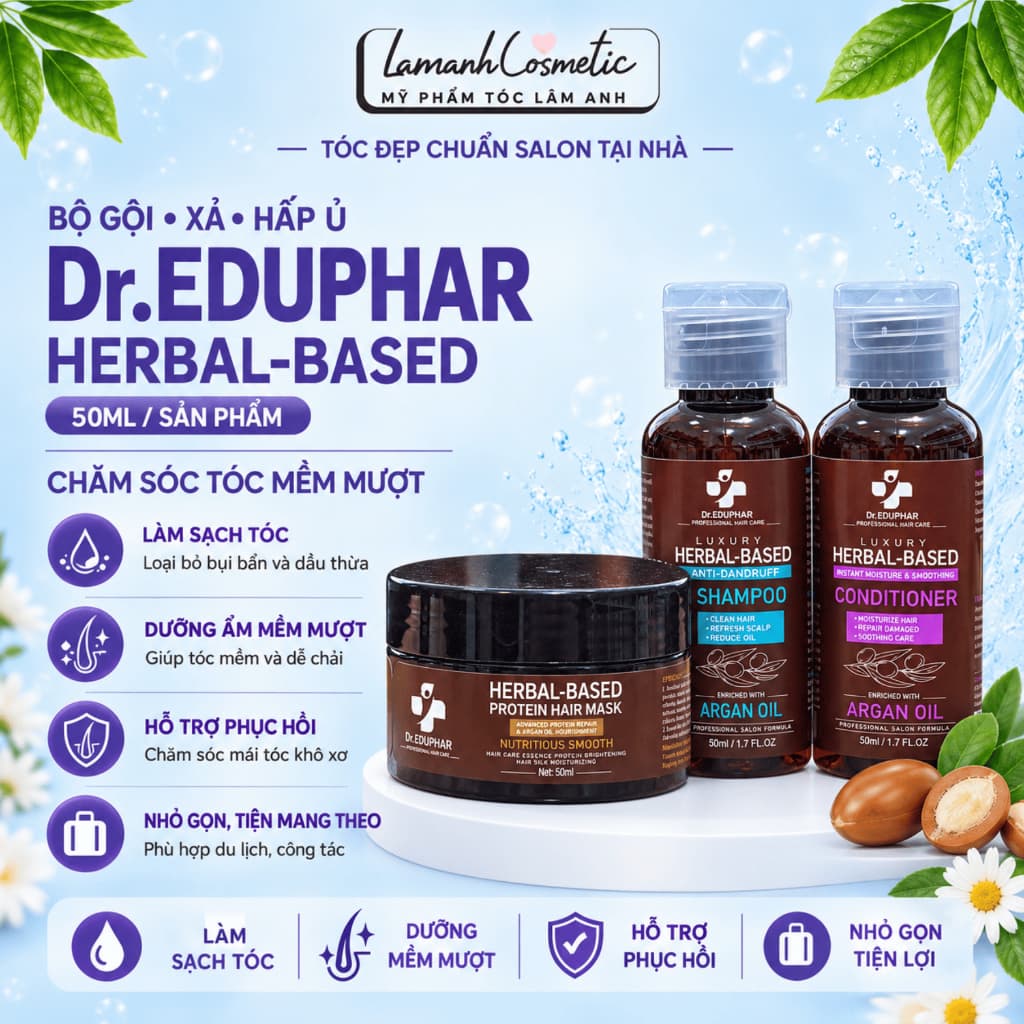 Combo Gội Xả Hấp Dr. EDUPHAR Herbal-Based Set Travel kit 50ml Tiện Lợi – Phục Hồi, Giảm Gãy Rụng
