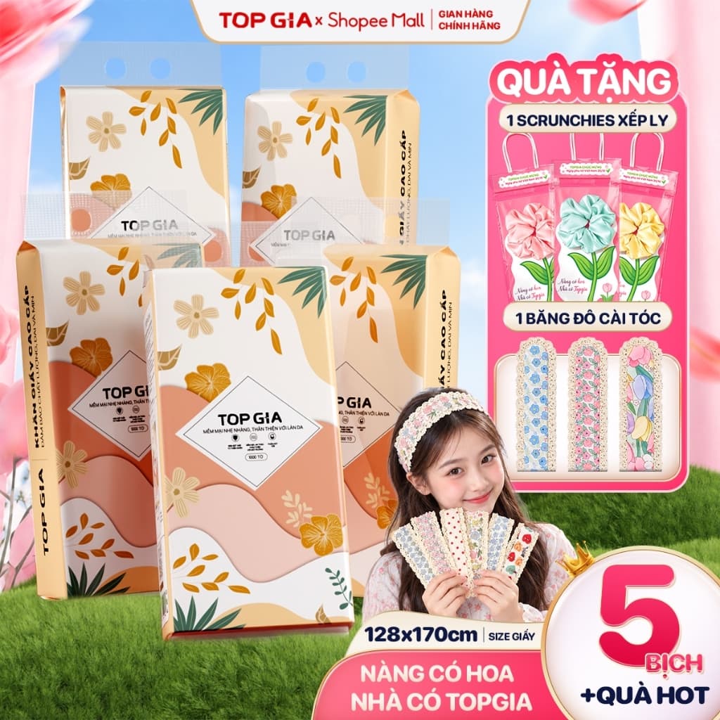 [QUÀ TẶNG NÀNG] Khăn giấy rút đáy cao cấp Tiểu Hạ TopGia 4 lớp 5000 tờ siêu mềm mịn tặng băng đô và scrunchies hoa
