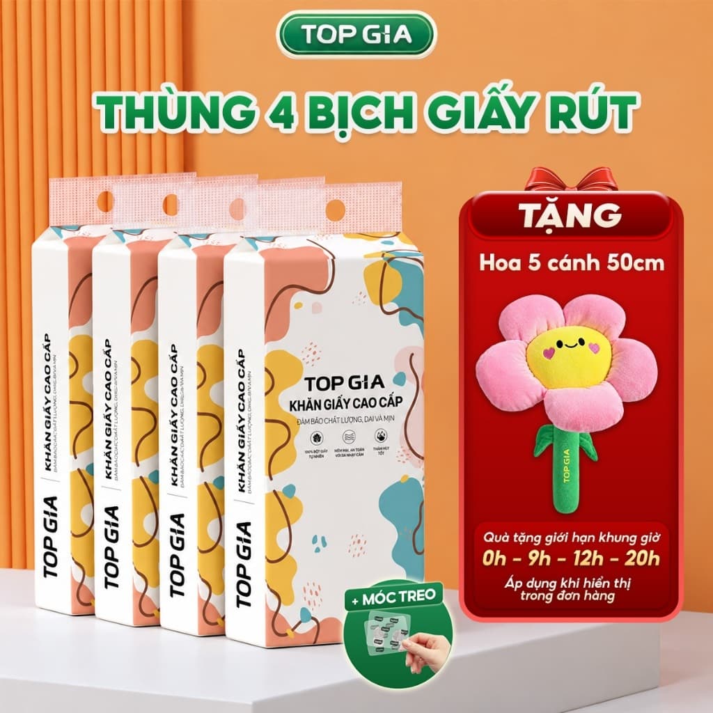 [Quà Tặng Hoa 20/10] Thùng 4 bich giấy vệ sinh treo tường Topgia bịch 1280 tờ 4 lớp tặng bông hoa