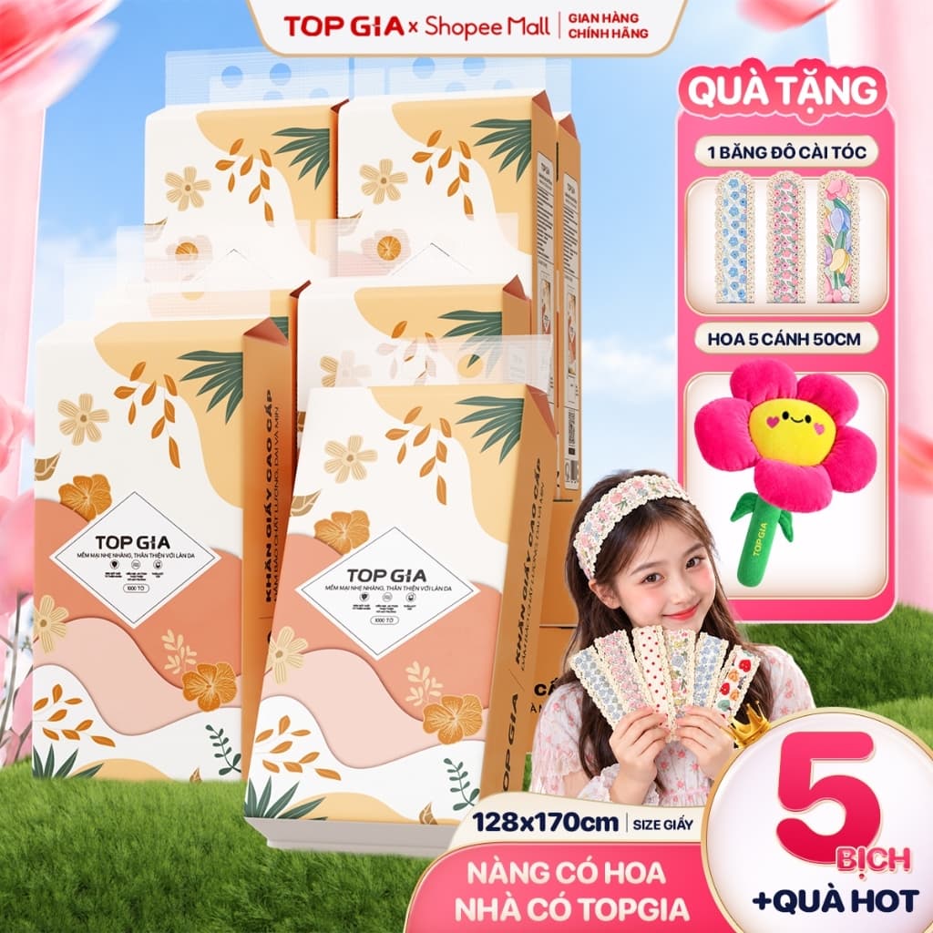[QÙA TẶNG ĐẶC BIỆT] Khăn giấy rút cao cấp Tiểu Hạ TopGia 5000 tờ 4 lớp dày dai mềm mịn tặng hoa 50cm siêu đáng yêu