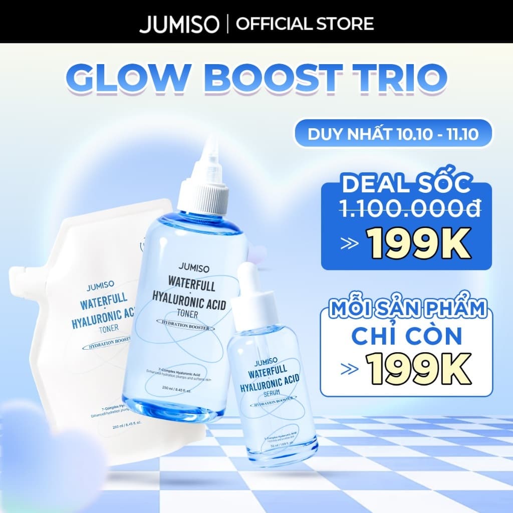 Combo Hỗ Trợ Cấp Ẩm Sâu Cho Da Glow Boost Trio Toner + Túi Refill, Serum JUMISO Waterfull Hyaluronic Acid