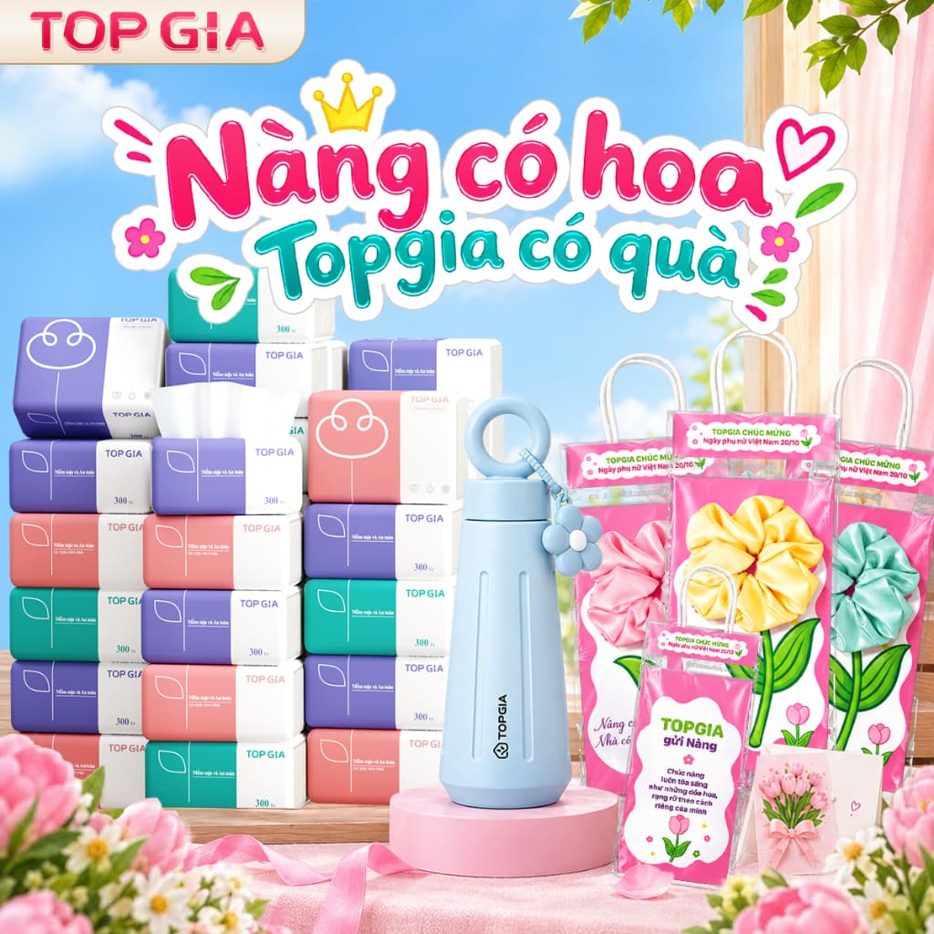 (TẶNG BÌNH HOA KÈM CHARM) Thùng 20 gói giấy ăn 3 màu Topgia mềm mịn, 4 lớp dày dặn, giấy ăn cao cấp cho mọi nhà