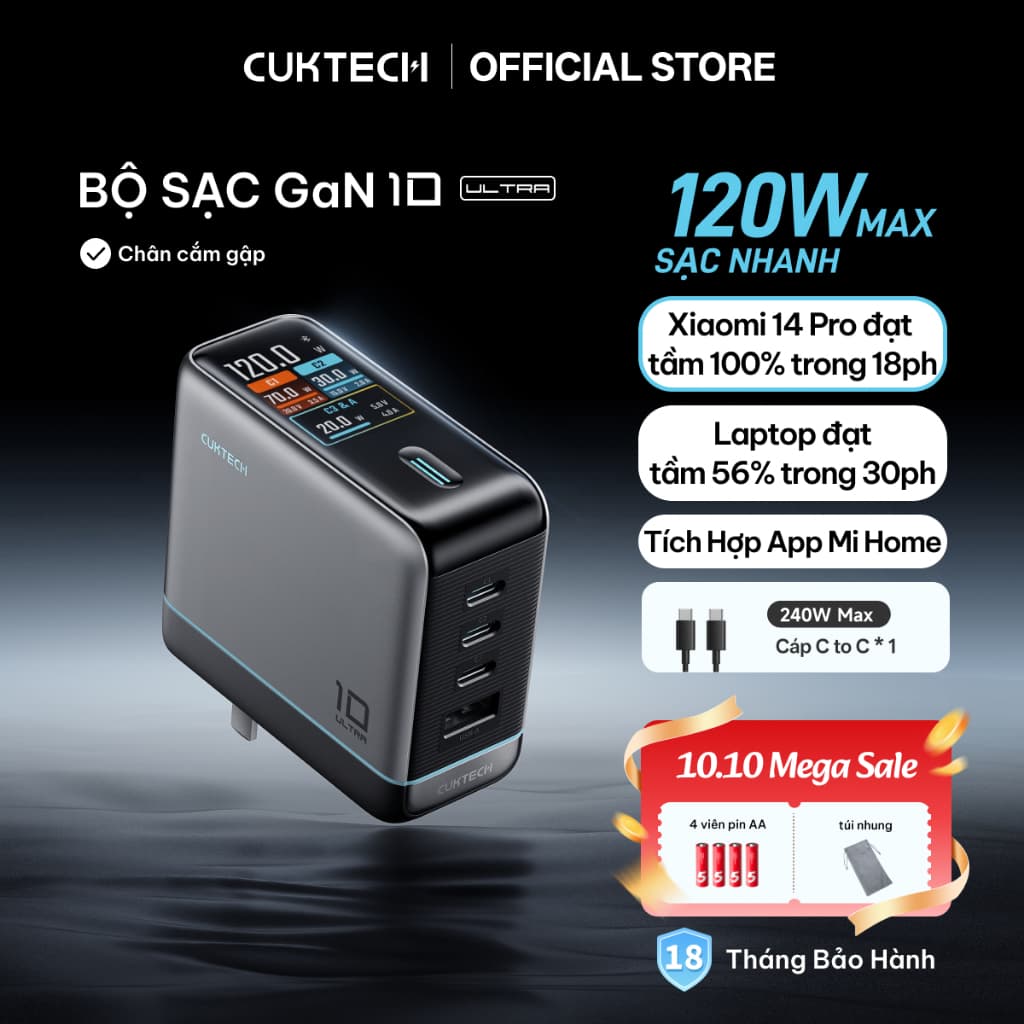 Củ Sạc Nhanh CUKTECH GaN 120W 4 Cổng Điều Khiển App Mi Home Cho Laptop/iP 18/17/16 Pro Max/Xiaomi 17/Samsung S26