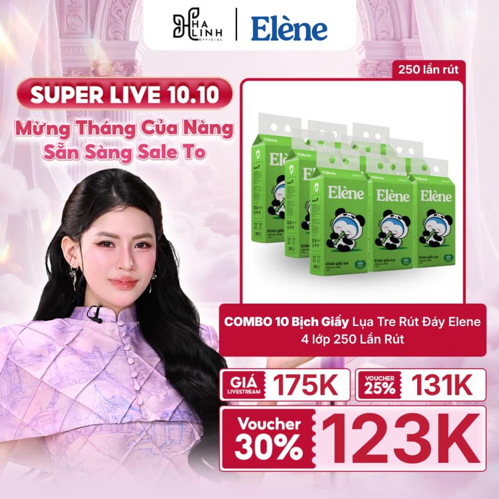[VÕ HÀ LINH x ELÈNE] COMBO 10 BỊCH Giấy Lụa Tre Rút Đáy Elene 4 Lớp 250 Lần Rút Cao Cấp, Thân Thiện Với Môi Trường