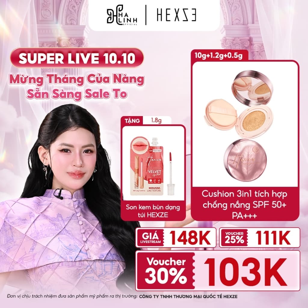 [Võ HÀ LINH X HEXZE] Cushion đa năng HEXZE 3in1 chống nắng SPF50+,PA++++ Che Khuyết Điểm, Má Hồng TẶNG KÈM SON TÚI 1.8G