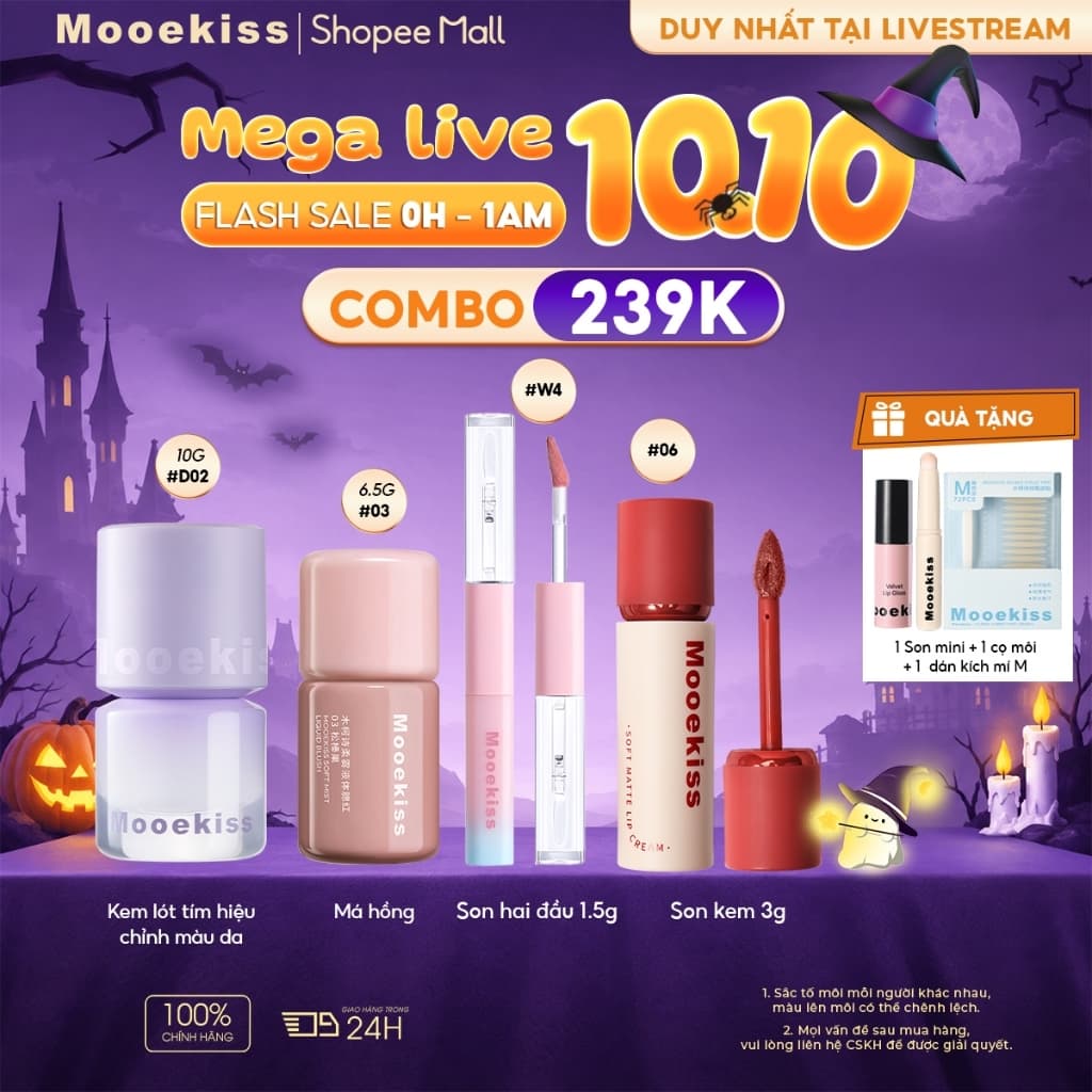 [LIVE COMBO 0H-1AM] Combo Mooekiss Kem lót tím 10g + Má hồng lỏng 03 + Son bùn hai đầu W4 + Son kem 06
