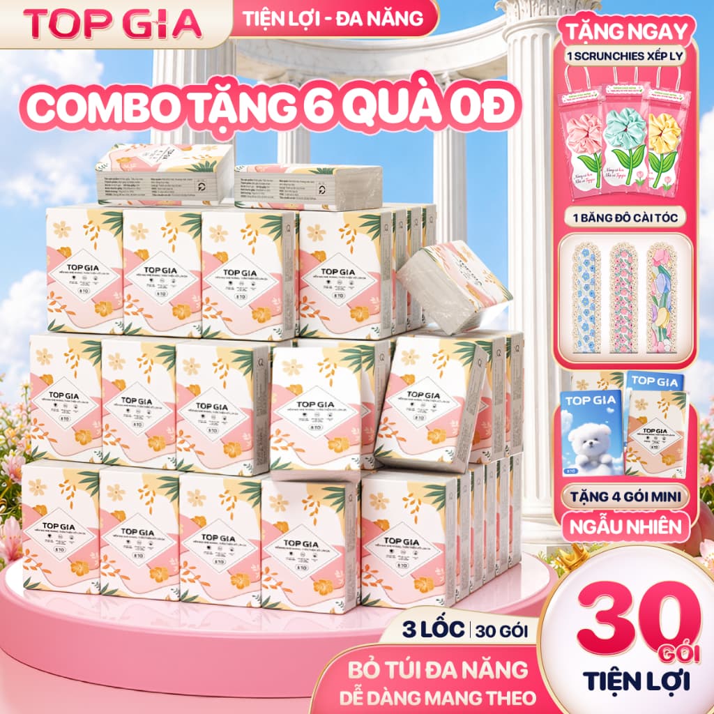 [TẶNG 6 QUÀ 0Đ] COMBO 30 GÓI Khăn Giấy Bỏ Túi MINI TIỂU HẠ tiện lợi, 4 Lớp Dập Vân 4D TOPGIA, chất giấy DÀY DAI MNTH