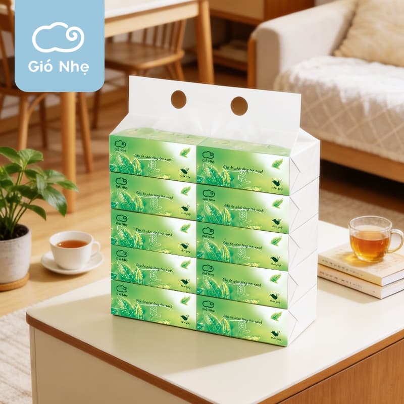 [Gió Nhẹ]10 gói khăn giấy ăn 4 lớp trà xanh, mềm mại
