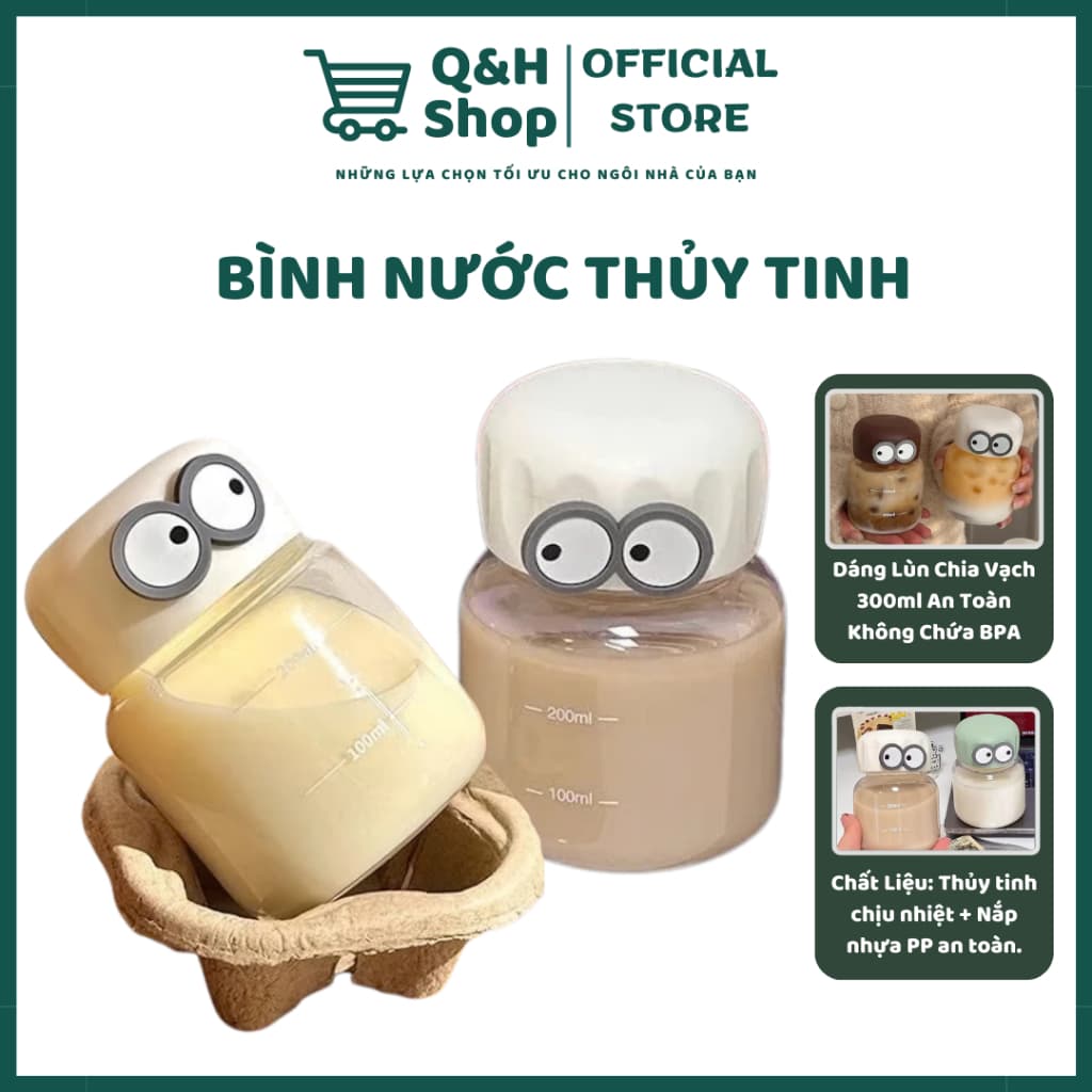 Bình Nước Thủy Tinh Dáng Lùn Chia Vạch 300ml An Toàn Không Chứa BPA Đa Dạng Họa Tiết Đôi Mắt