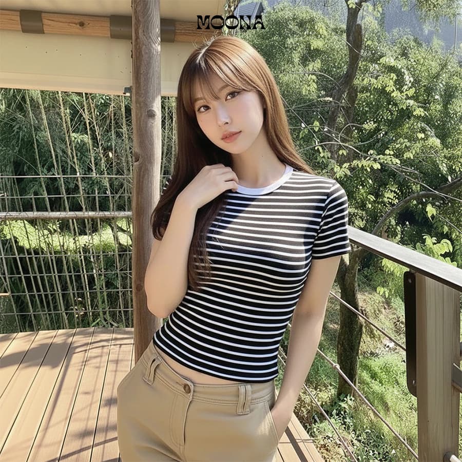 Áo thun sọc viền nữ chiết eo basic cổ tròn, áo baby tee cộc tay ôm body kẻ ngang chất liệu thun gân co giãn 4 chiều