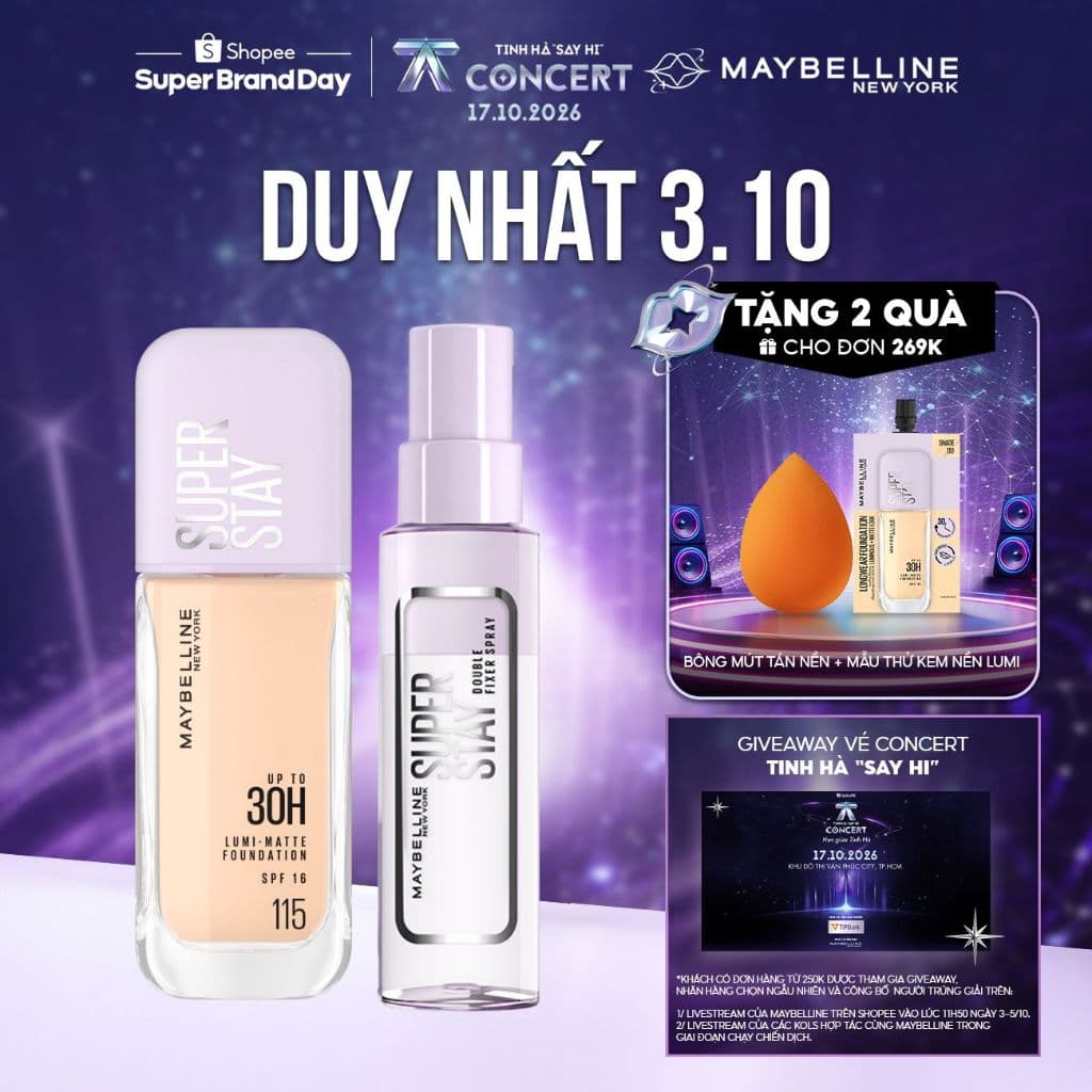 [Bộ trang điểm] Kem nền bắt sáng Superstay Lumi Matte và Xịt khóa nền Superstay Double Fixer Spray Maybelline New York
